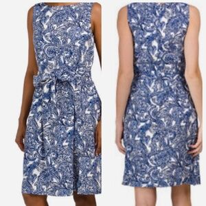 NWT Anne Klein Chelsea Blue White Paisley Print Linen Blend Dress Size 12